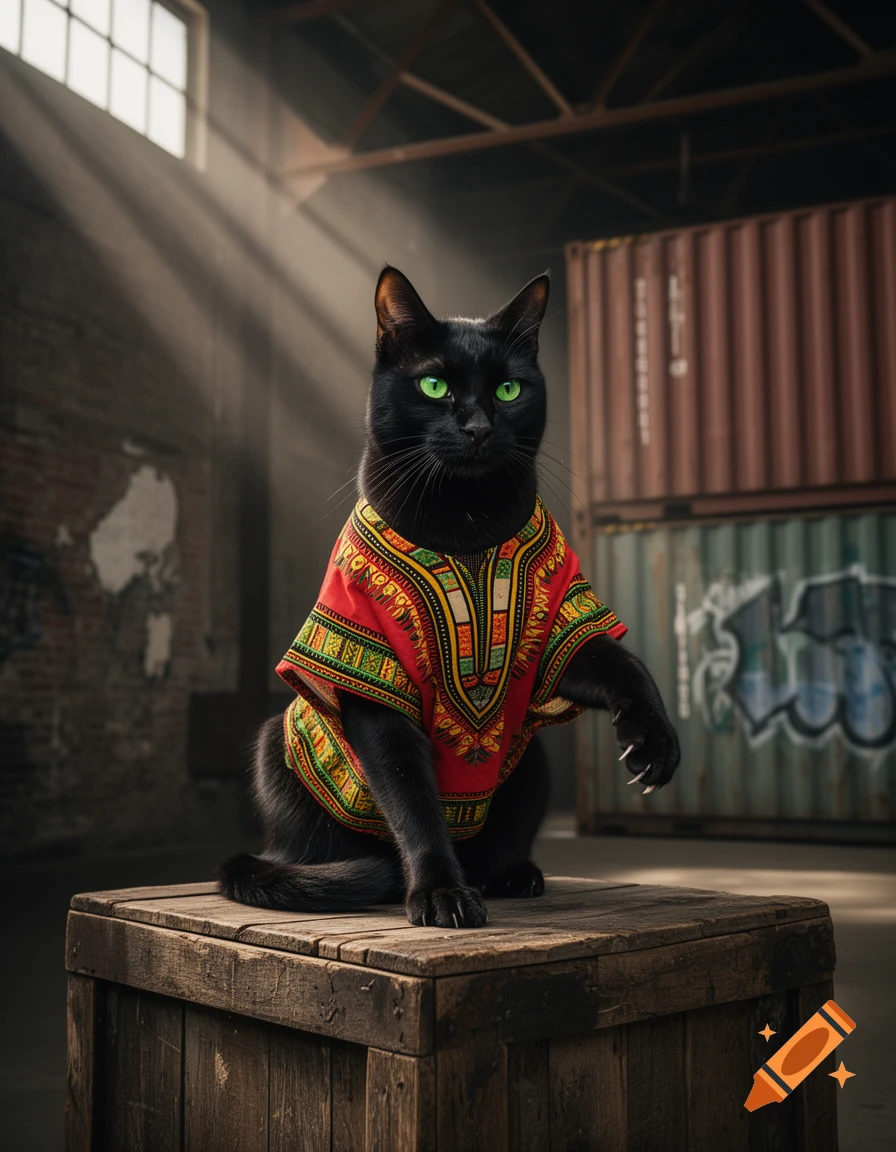 A black cat with green eyes wearing a vibrant red dashiki sits on a wooden crate in a sunlit warehouse.