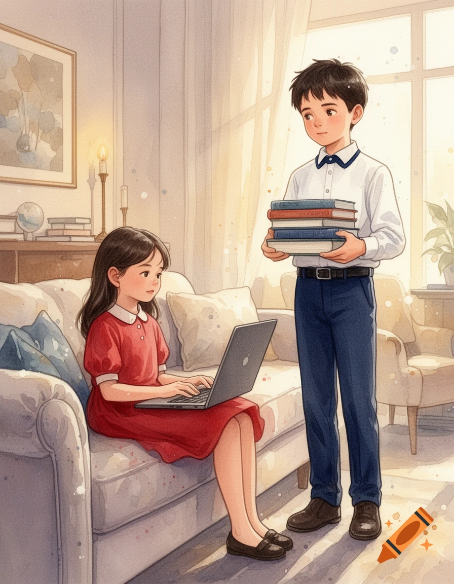 A cozy watercolor illustration of a girl typing on a laptop on a sofa, while a boy stands holding books in a warm apartment.