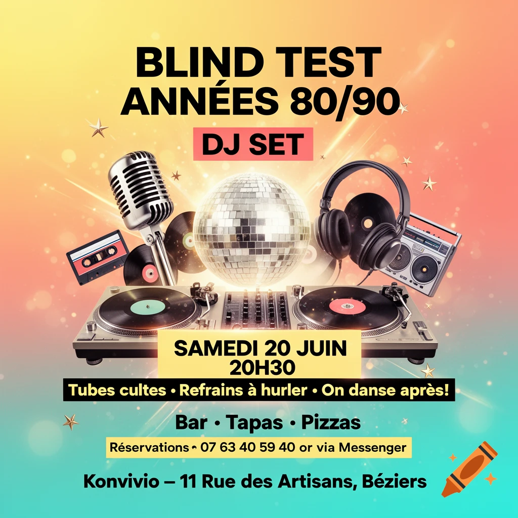 A vibrant event poster for a 'Blind Test Années 80/90 & DJ Set' with a disco ball, turntables, microphone, headphones, boombox, and cassette tape on a gradient background.