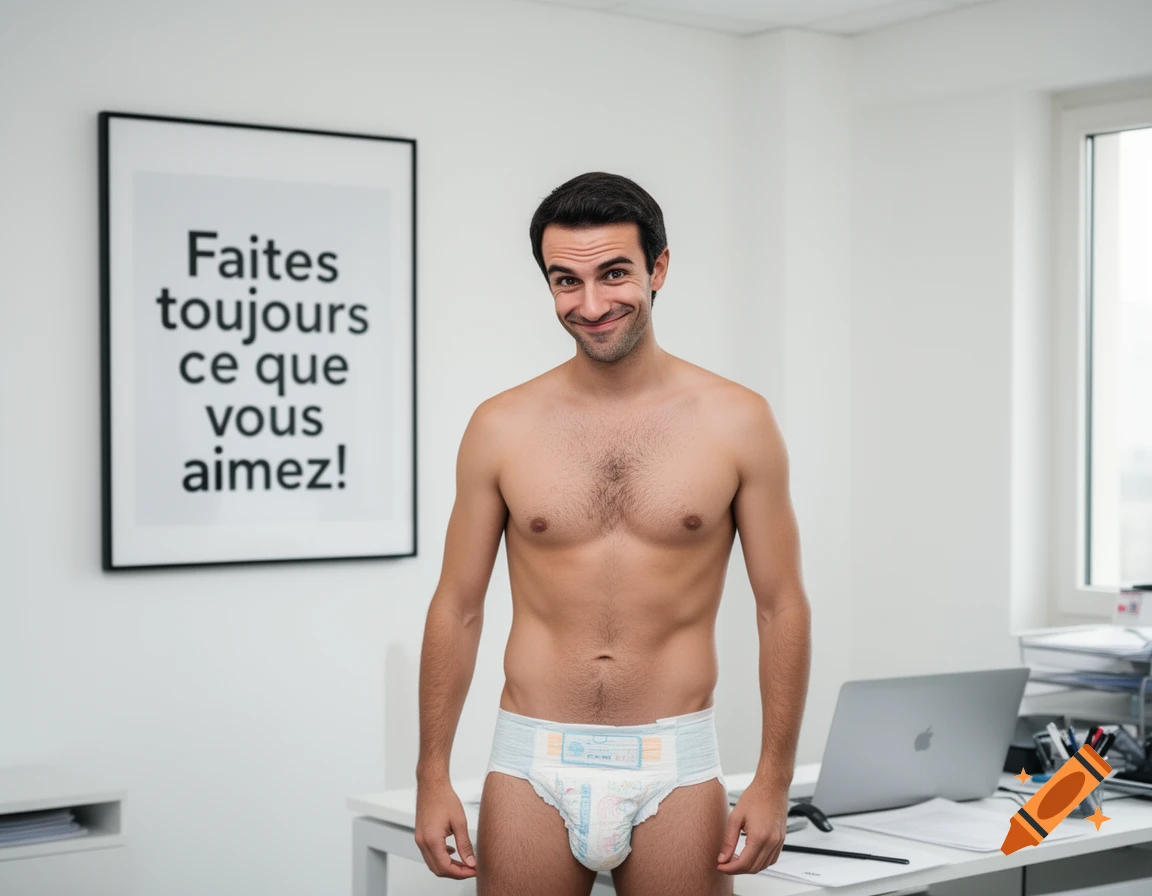Smiling man in a diaper, shirtless in an office, with a French motivational poster.