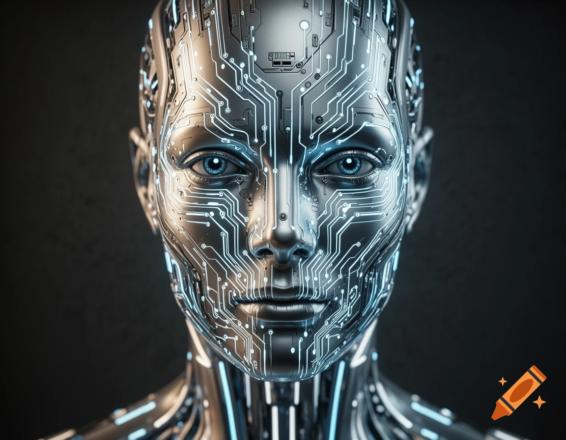 Close-up photorealistic metallic robot face with glowing blue circuit board patterns.