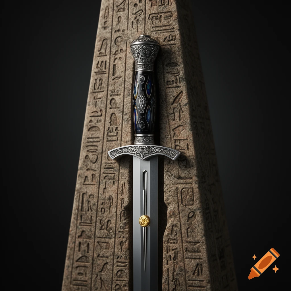 A decorative sword with an ornate hilt and golden embellishment on its blade rests against a stone obelisk covered in carved hieroglyphs.