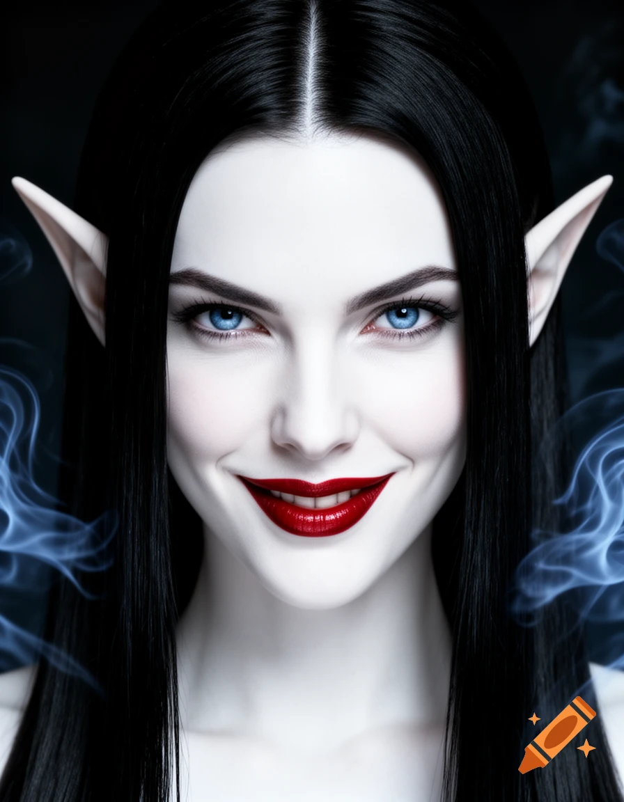 Close-up portrait of a dark fantasy female elf with pale skin, long black hair, red lips, and piercing blue eyes, with subtle blue smoke around her.