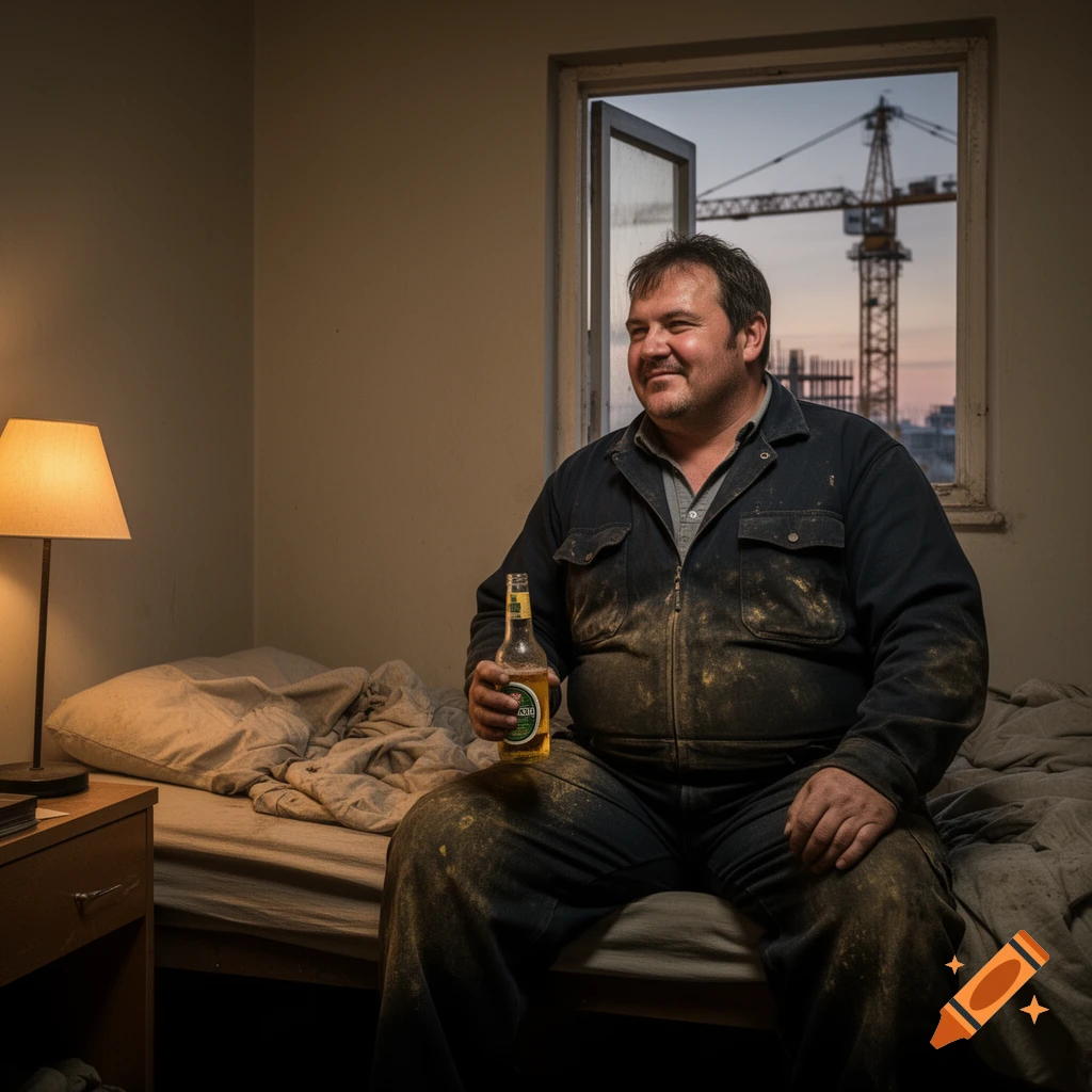 Smiling worker in dirty overalls sits on a bed with a beer, a construction crane visible outside the window at dusk.