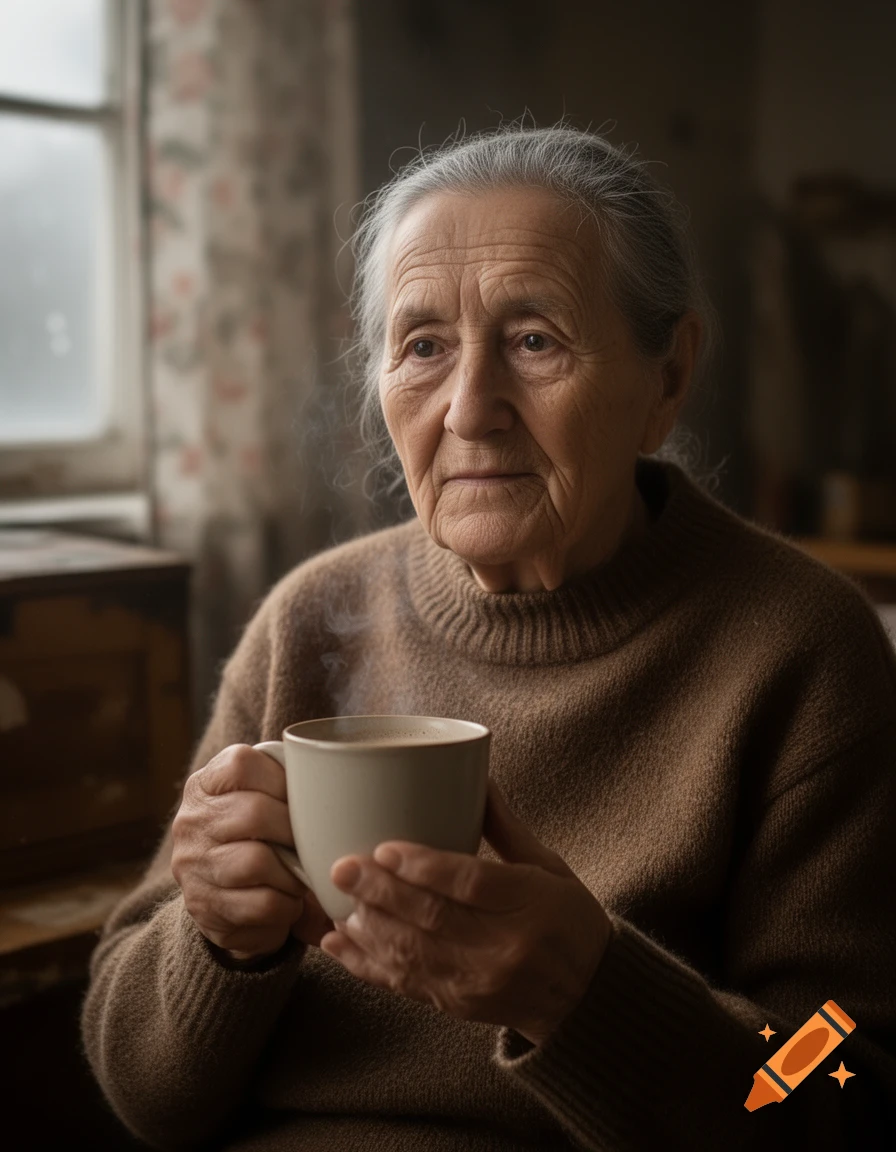 An elderly woman with gray hair holds a steaming mug, looking out a window. Photorealistic style.