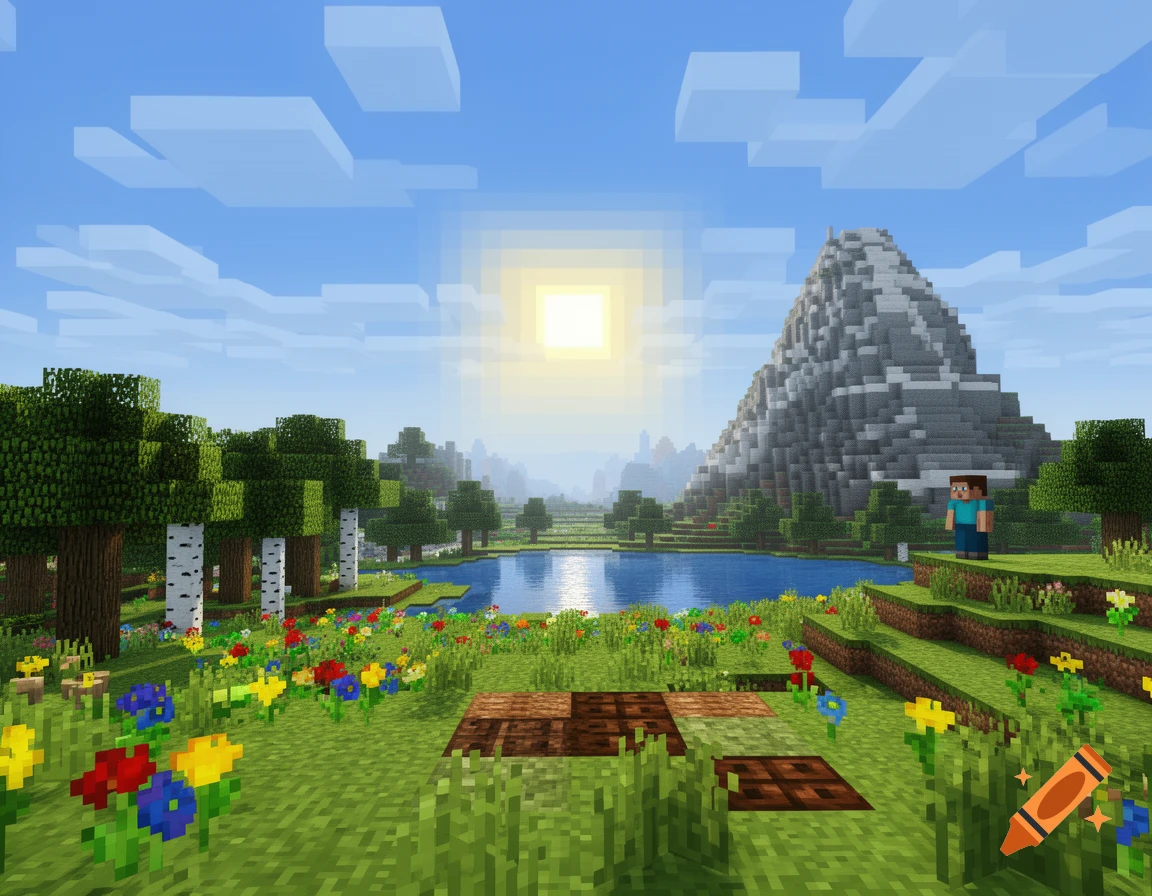 A vibrant Minecraft landscape with a character standing by a lake, surrounded by green trees, colorful flowers, and a large blocky mountain under a bright sky.