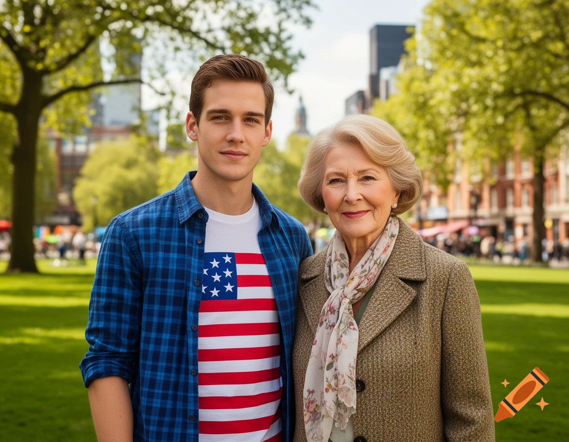 A young man in a plaid shirt and an American flag t-shirt stands next to an older woman in a tweed coat and floral scarf, smiling in a sunny park with trees and buildings in the background.