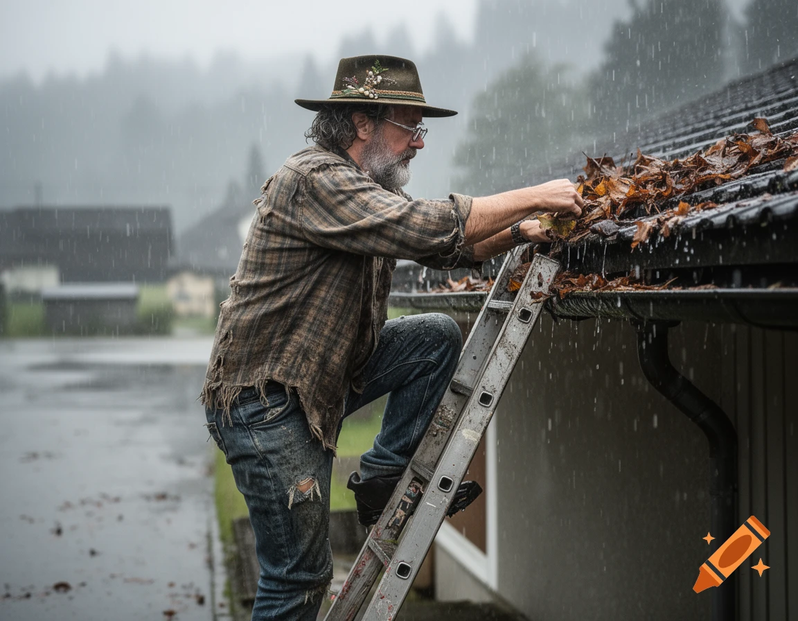 A man in a hat and plaid shirt stands on a ladder, cleaning fallen leaves from a gutter on a house during heavy rain.