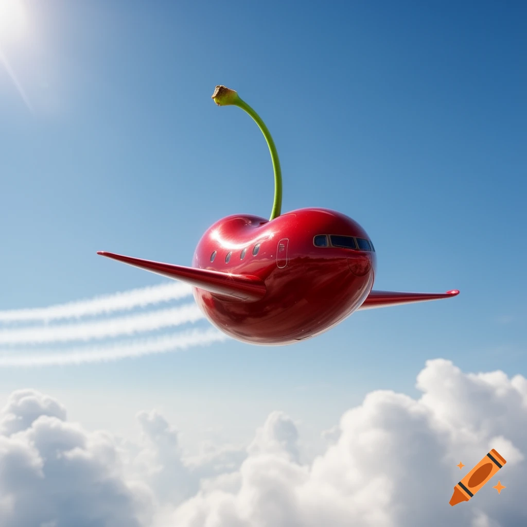 A glossy red cherry-shaped airplane with wings flies through a bright blue sky above white clouds, leaving contrails.