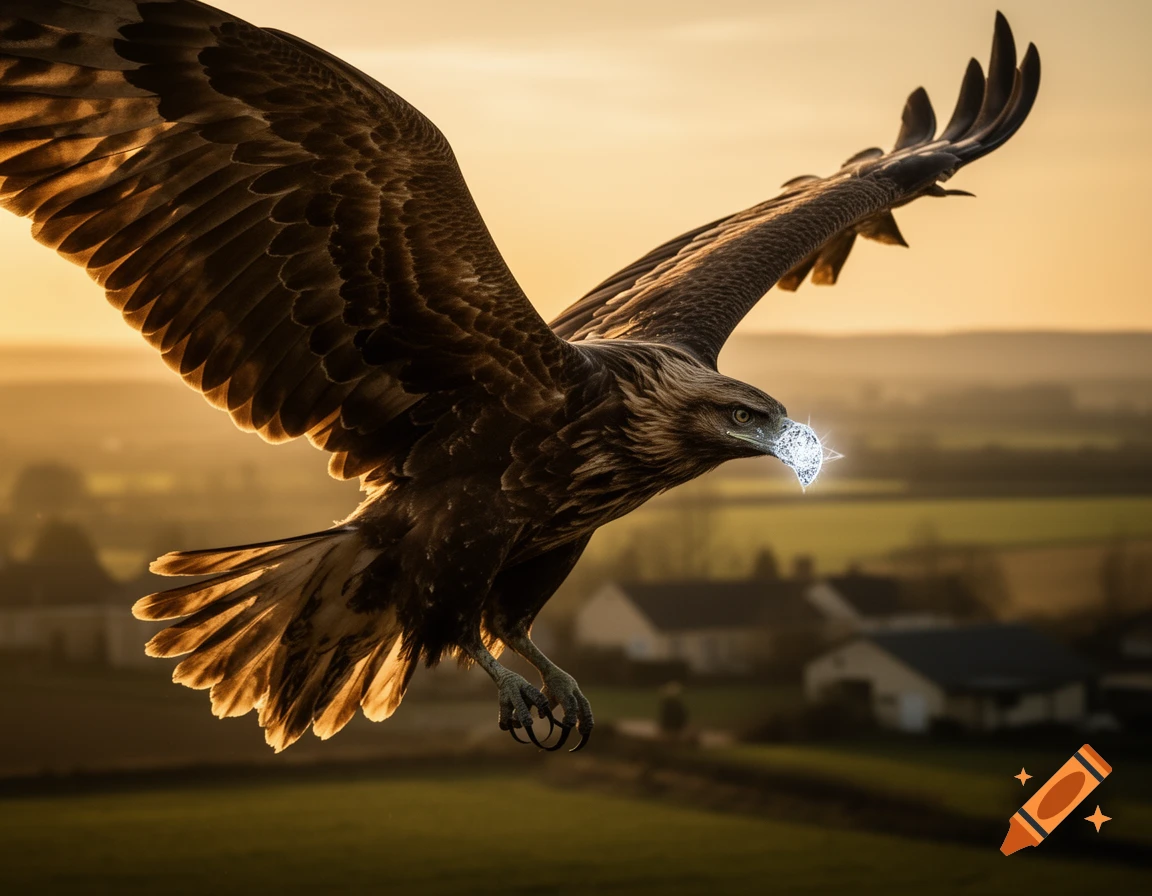 A majestic eagle-like bird with a sparkling diamond beak soars over a rural landscape at sunset, captured in a photorealistic style.