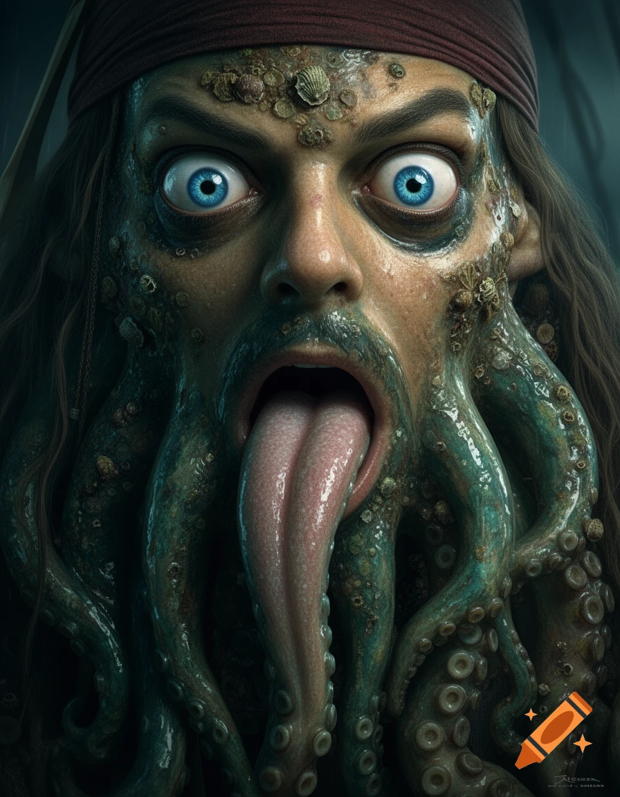 Close-up portrait of Davy Jones, a monstrous man with wide blue eyes, barnacle-encrusted face, and a long, forked tentacle tongue protruding from his O-shaped mouth.