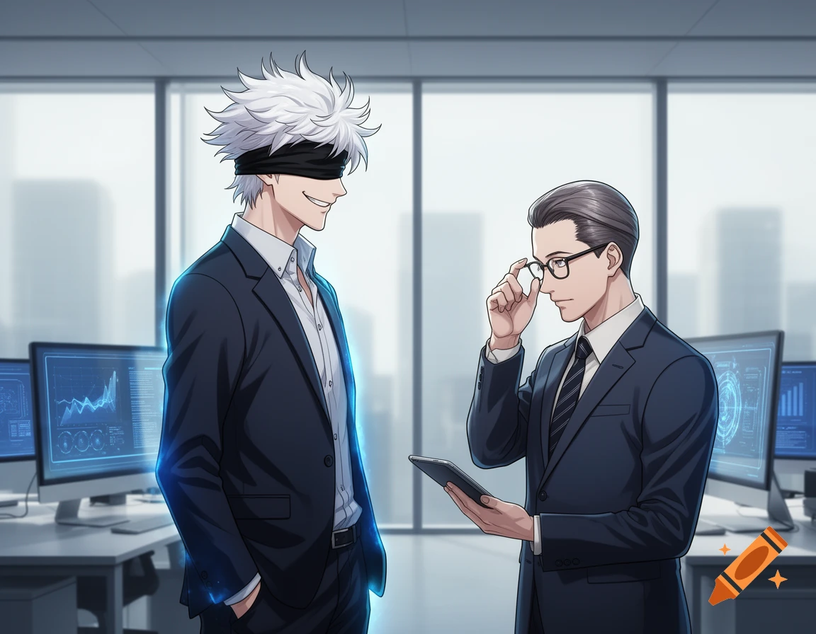 Two anime-style men in suits in an office. One man with white hair and a blindfold smiles, while the other adjusts his glasses and holds a tablet.