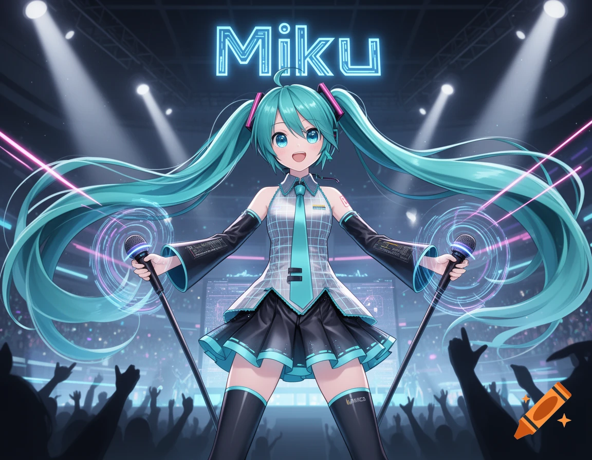 Hatsune Miku, an anime character, sings on a concert stage with neon Miku sign and glowing microphones, facing a cheering crowd.