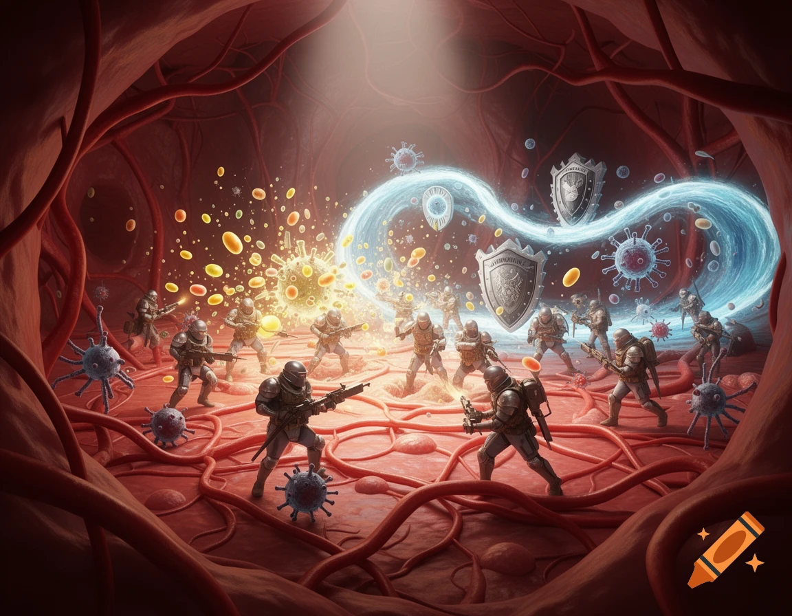 Armored soldiers battle viruses and floating nutrients inside a human blood vessel, depicted as a cavernous red landscape.