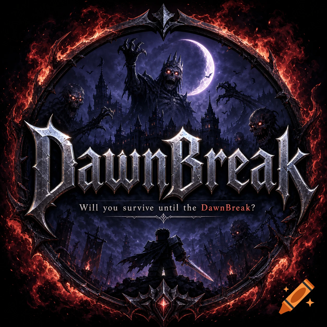 Dark fantasy game logo with a Roblox-style warrior facing monsters and a castle under a full moon, framed by fire, titled 'DawnBreak'.