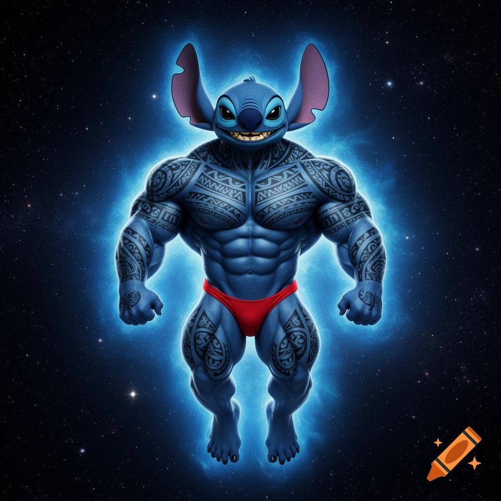 Muscular, tattooed Stitch in a red thong floats in space, surrounded by a blue aura.