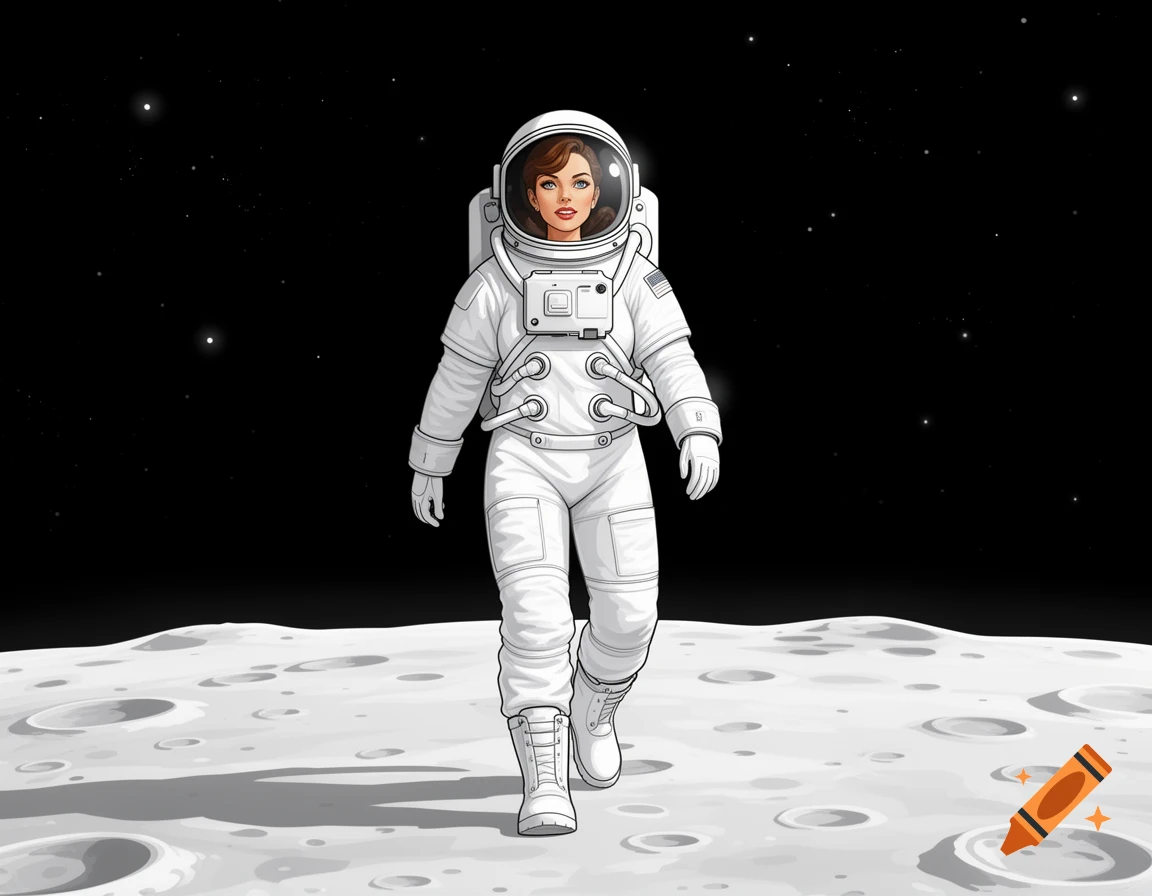 A woman astronaut in a white suit and helmet walks on the moon's surface, against a starry black sky, in a vibrant clipart style.