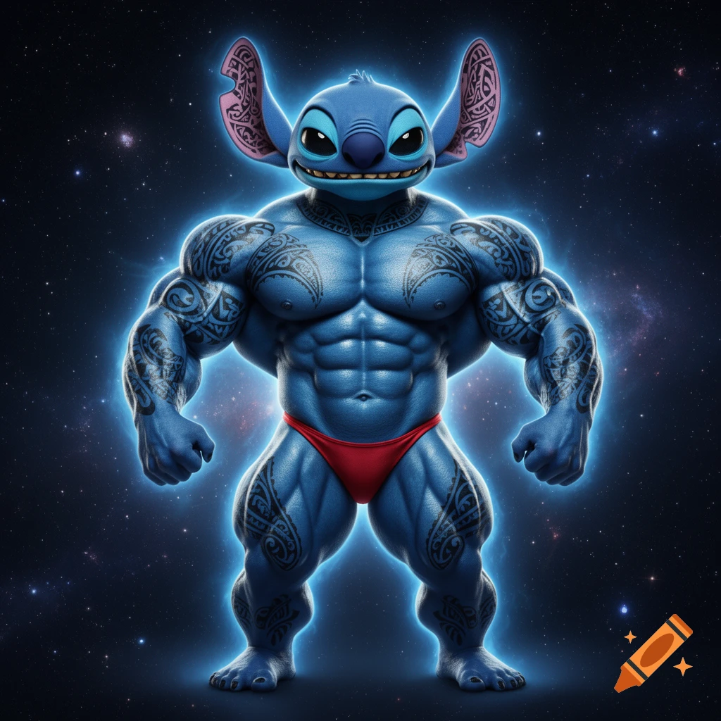 Muscular, tattooed Stitch from Lilo & Stitch wearing a red posing thong, glowing with a blue aura against a starry space background.