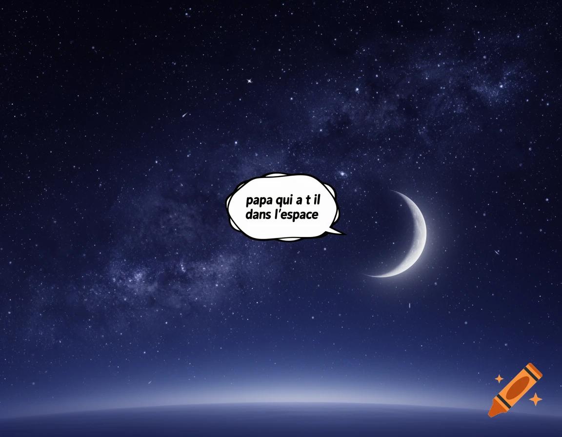 A dark blue starry night sky with a bright crescent moon and a speech bubble asking 'papa qui a t il dans l The space'.