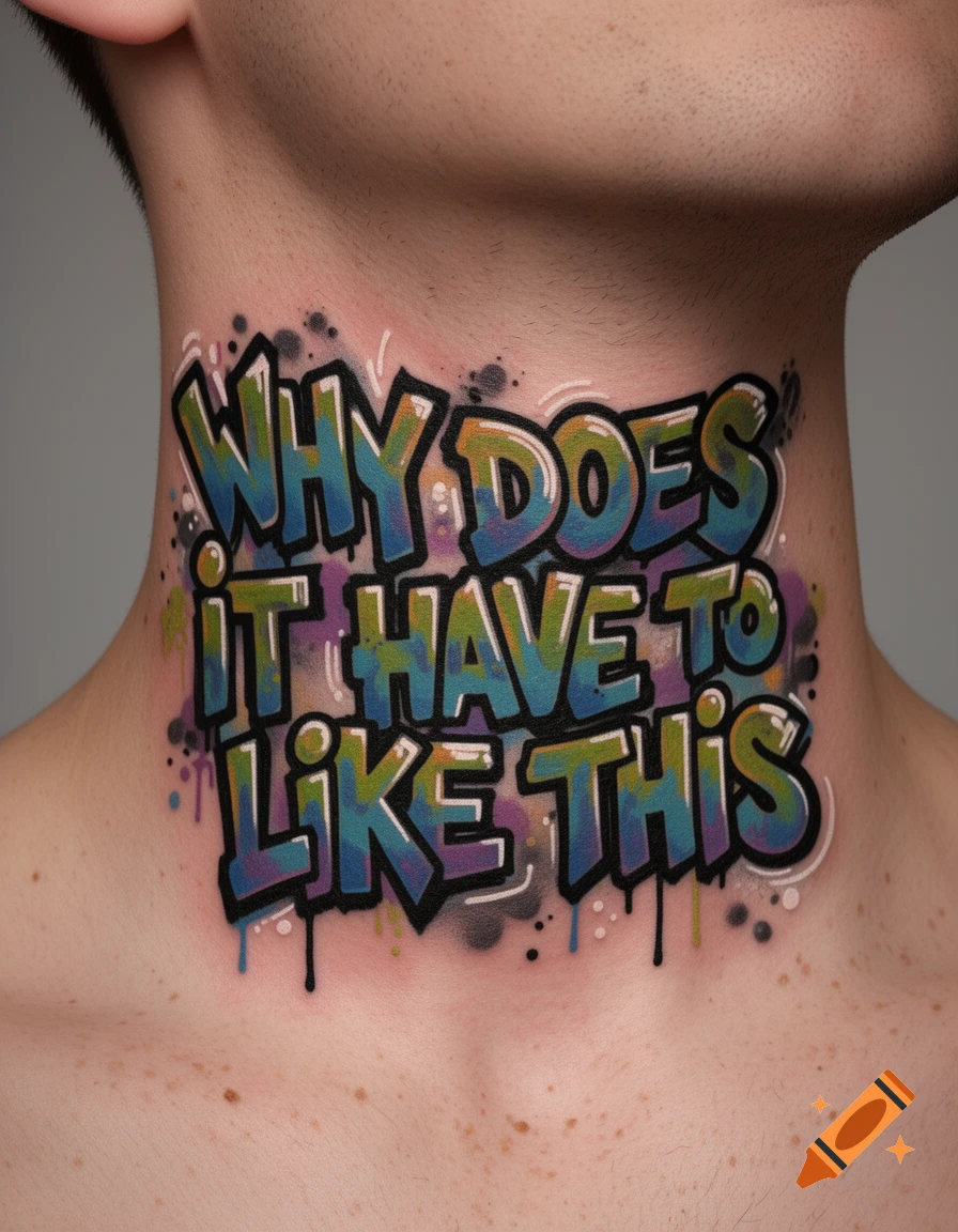 Photorealistic graffiti-style tattoo on a neck, reading 'WHY DOES IT HAVE TO LIKE THIS'.