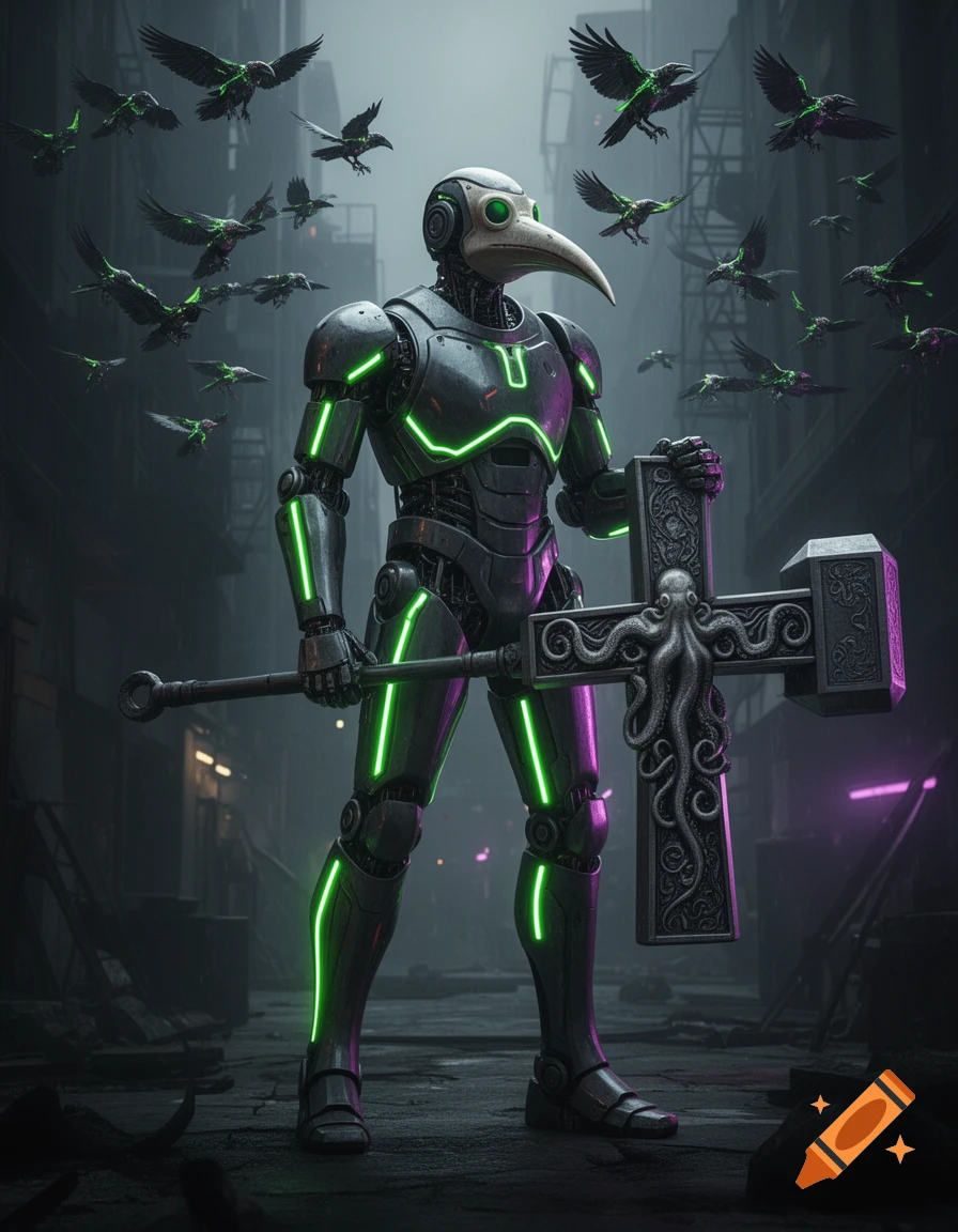 A futuristic robot knight with a plague doctor mask, green neon lights, and a giant cross hammer stands in a dark alley with flying robot crows.