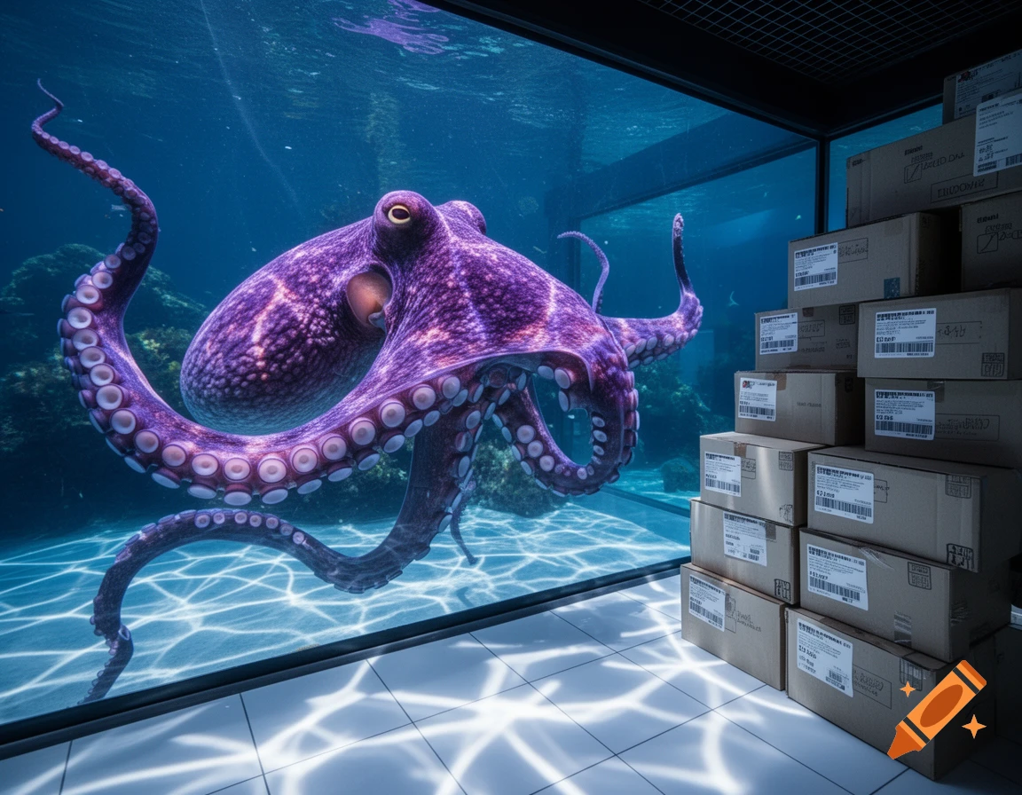 A vibrant purple octopus swims in a clear aquarium next to a stack of cardboard shipping boxes on the dry side.