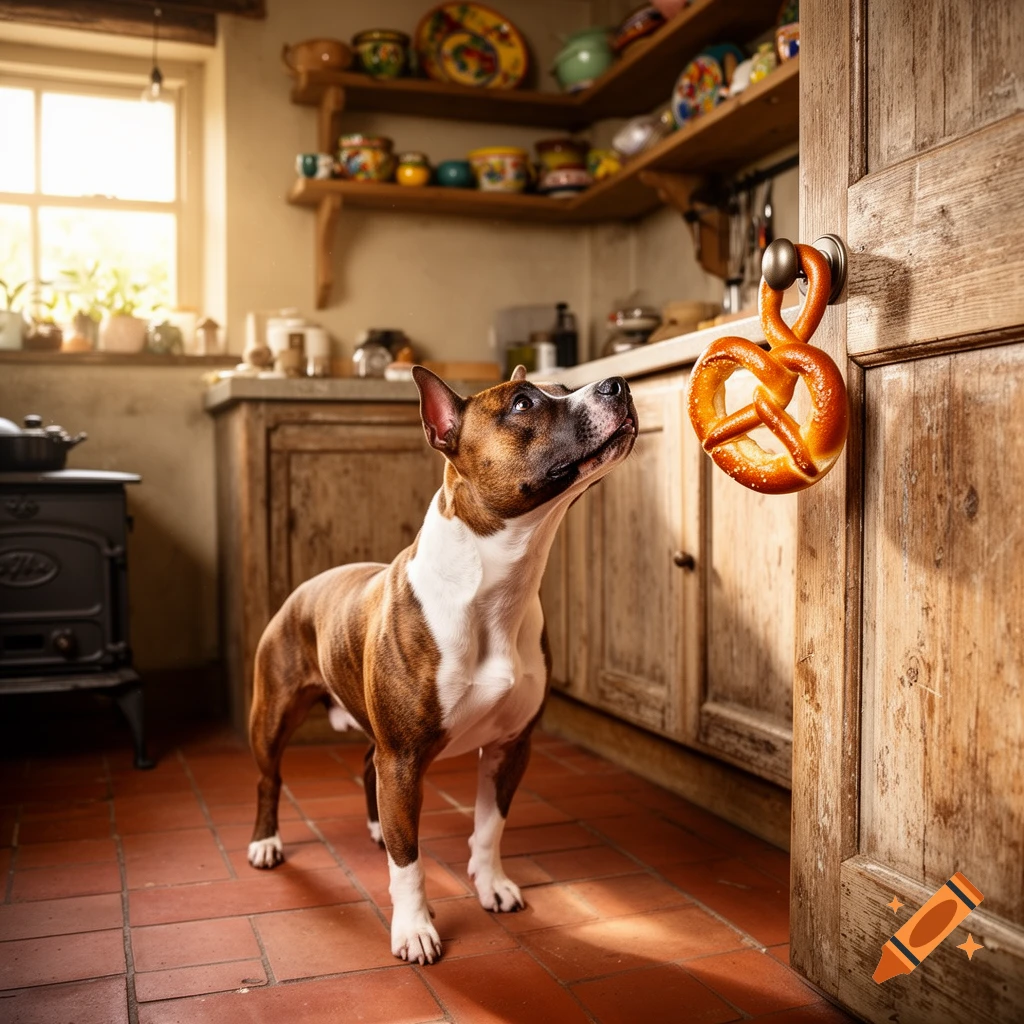 A brindle and white Staffordshire Bull Terrier looks up intently at a pretzel hanging on a rustic wooden door handle in a kitchen.