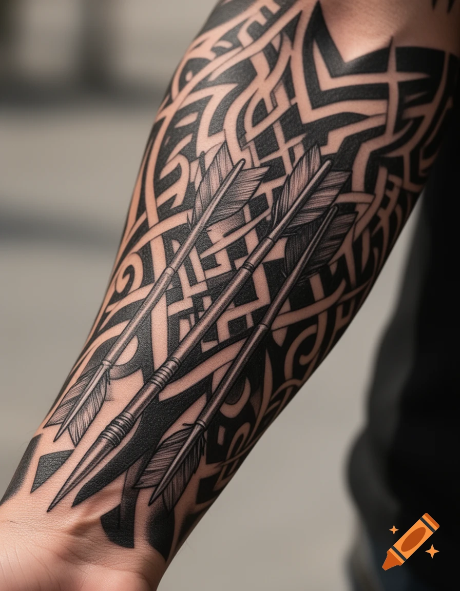 A close-up of a person's forearm showing a detailed black tribal sleeve tattoo with three realistic arrows.