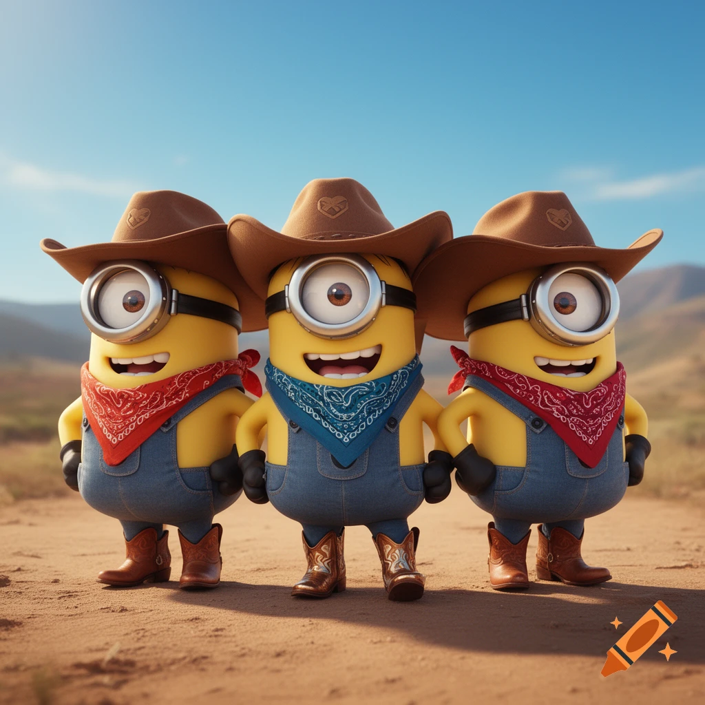Three smiling Minions in cowboy hats, bandanas, denim overalls, and boots stand in a sunny desert landscape.