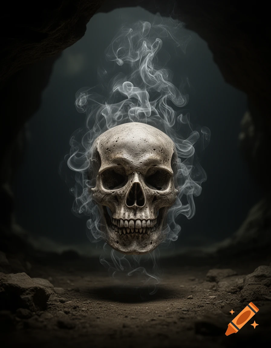 A photorealistic image of a human skull floating in a dark cave, surrounded by wisps of smoke.