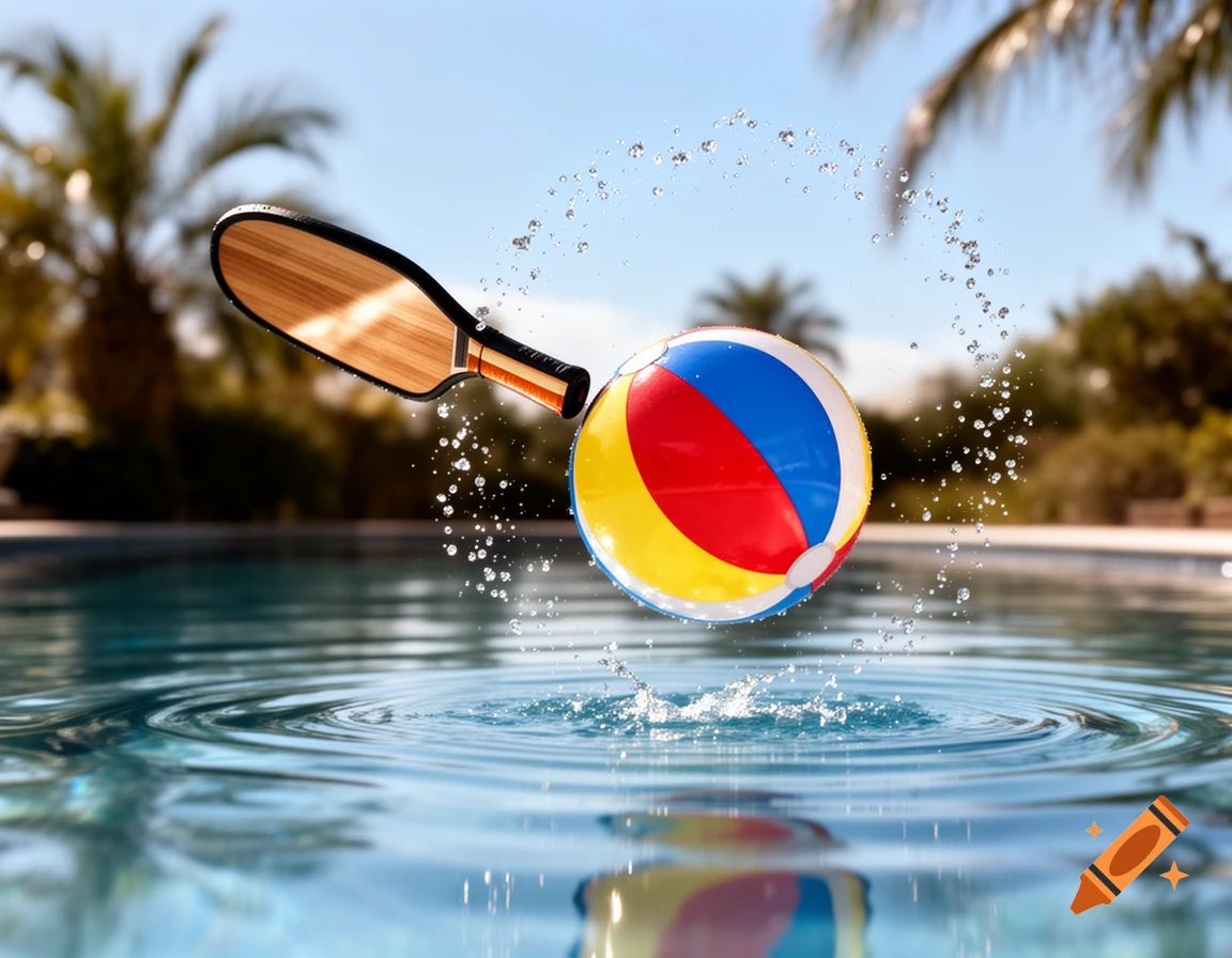 A pickleball paddle hits a red, blue, and yellow beach ball, splashing water in a swimming pool under a clear sky with palm trees, photorealistic.