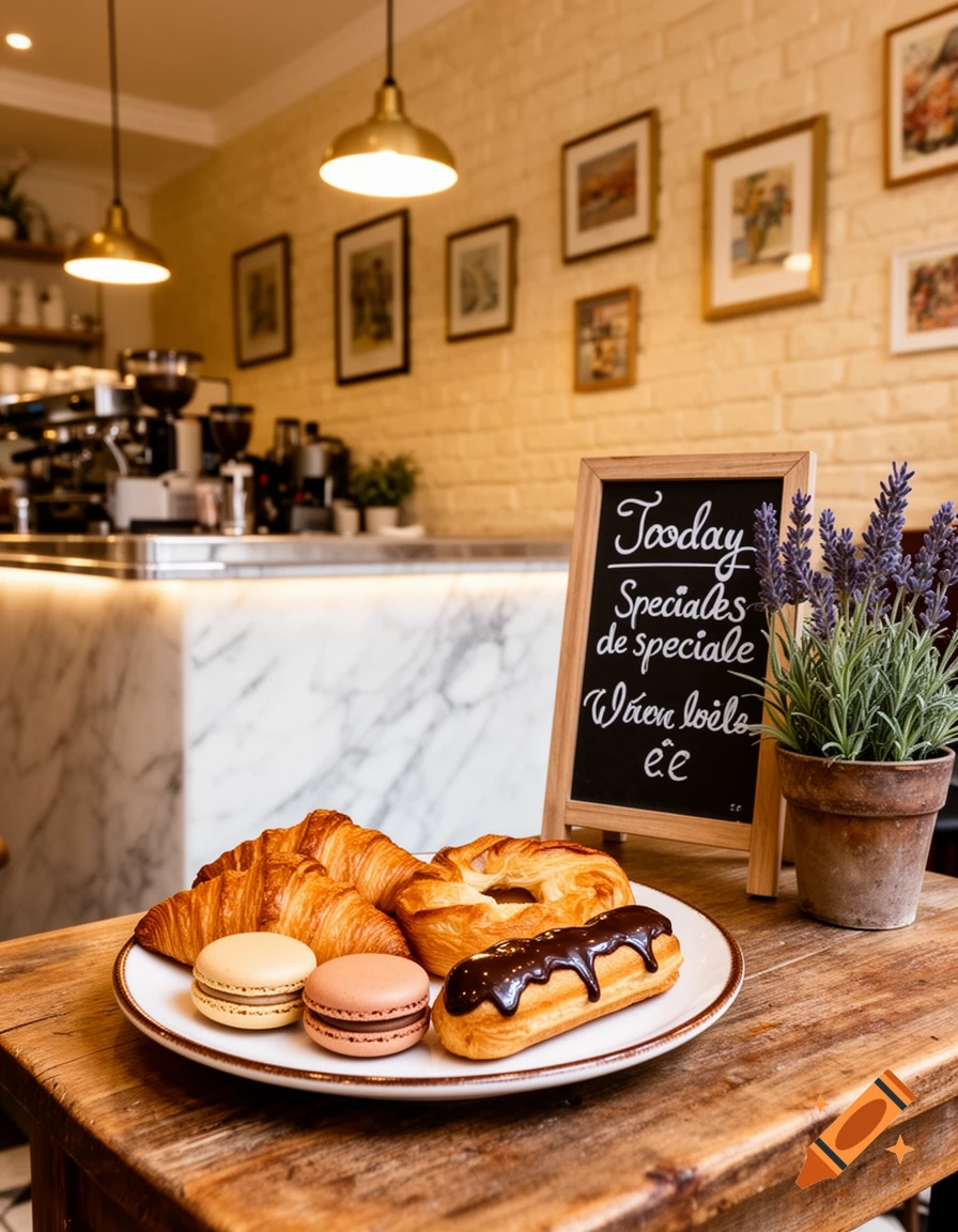 A plate of croissants, macarons, and an eclair on a wooden table in a cafe, with a chalkboard sign and lavender plant nearby.