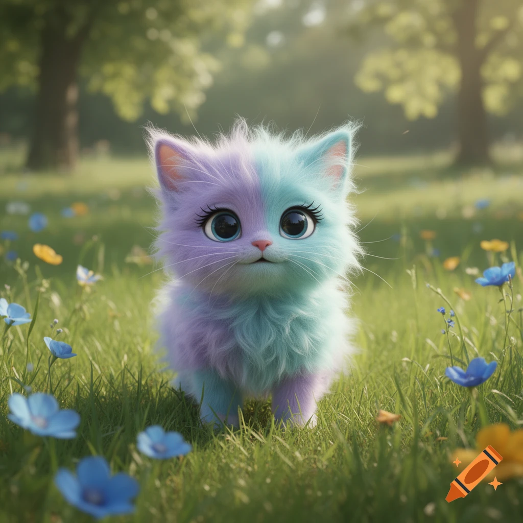 A fluffy, cartoonish kitten with half purple, half teal fur and large eyes sits in a grassy field with blue and yellow flowers.