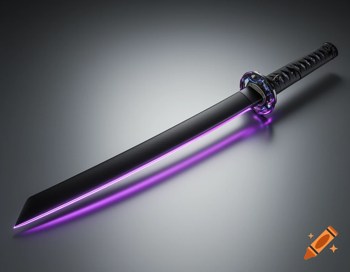 A sleek matte black futuristic katana with vibrant neon purple glowing edges rests on a reflective dark surface.