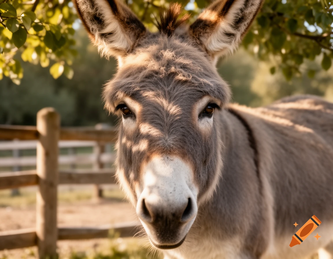 Close-up, photorealistic portrait of a grey donkey looking directly at the camera in a sunny field with a wooden fence.