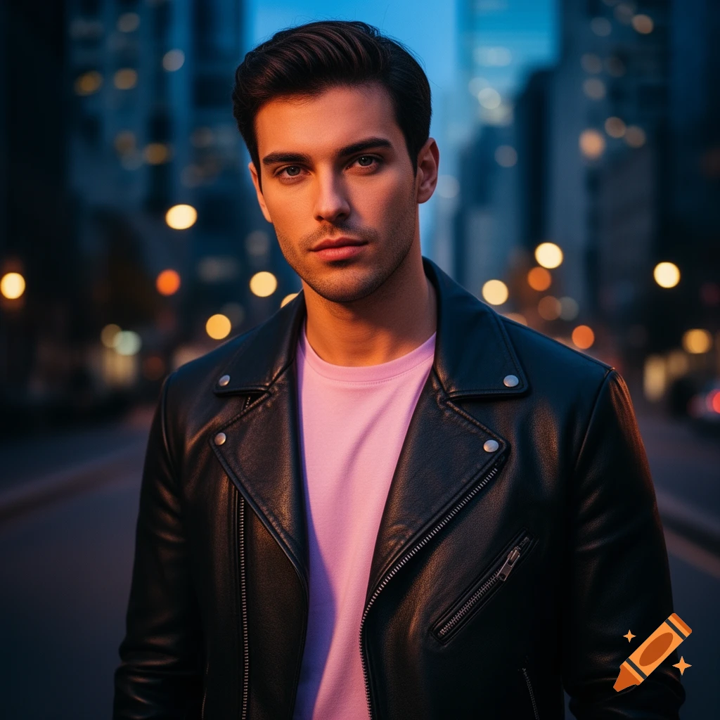 Photorealistic portrait of a young man in a black leather jacket and pink shirt on a city street at night, with blurred lights.