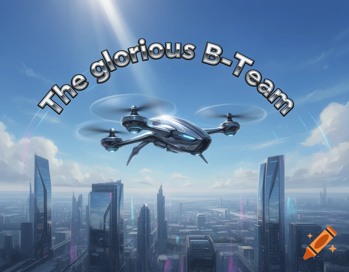 A futuristic drone flies above a modern city skyline with tall buildings, under a bright blue sky, with the text "The glorious B-Team".