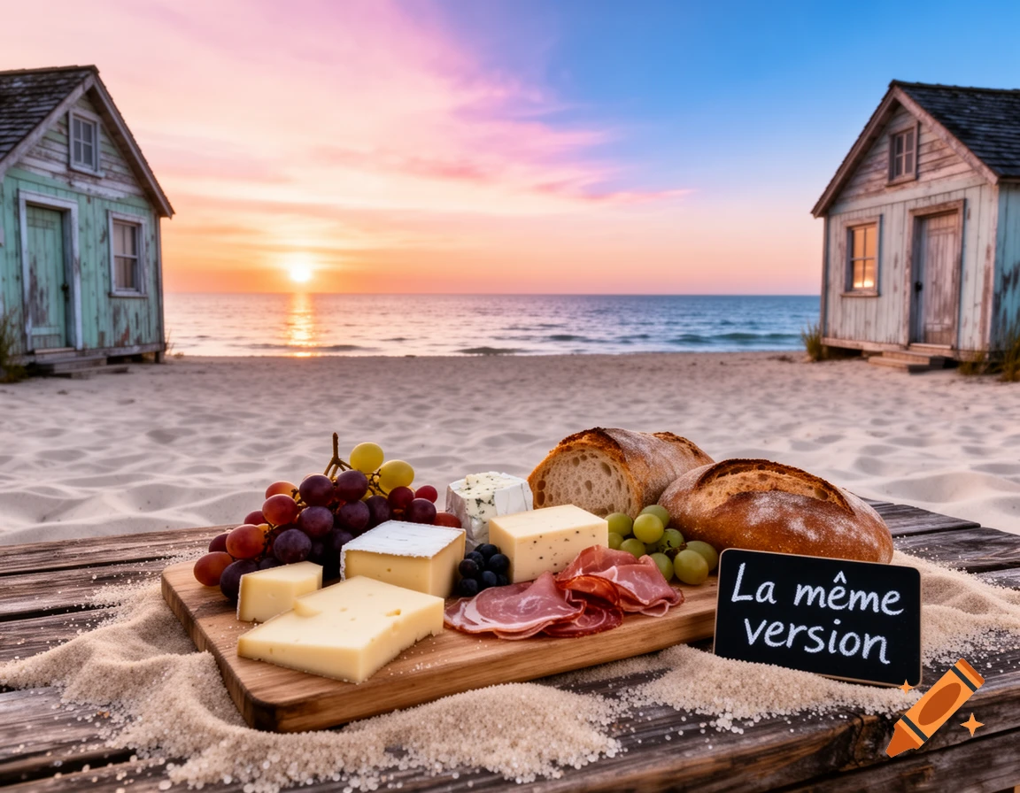 A charcuterie board with cheese, bread, grapes, and meats on a wooden table on a beach, with a sunset and two small houses in the background.