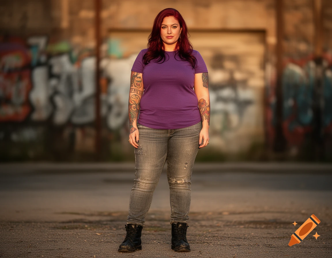 A woman with long red hair, a purple shirt, ripped jeans, and black boots stands in front of a graffiti-covered wall, looking directly at the camera.