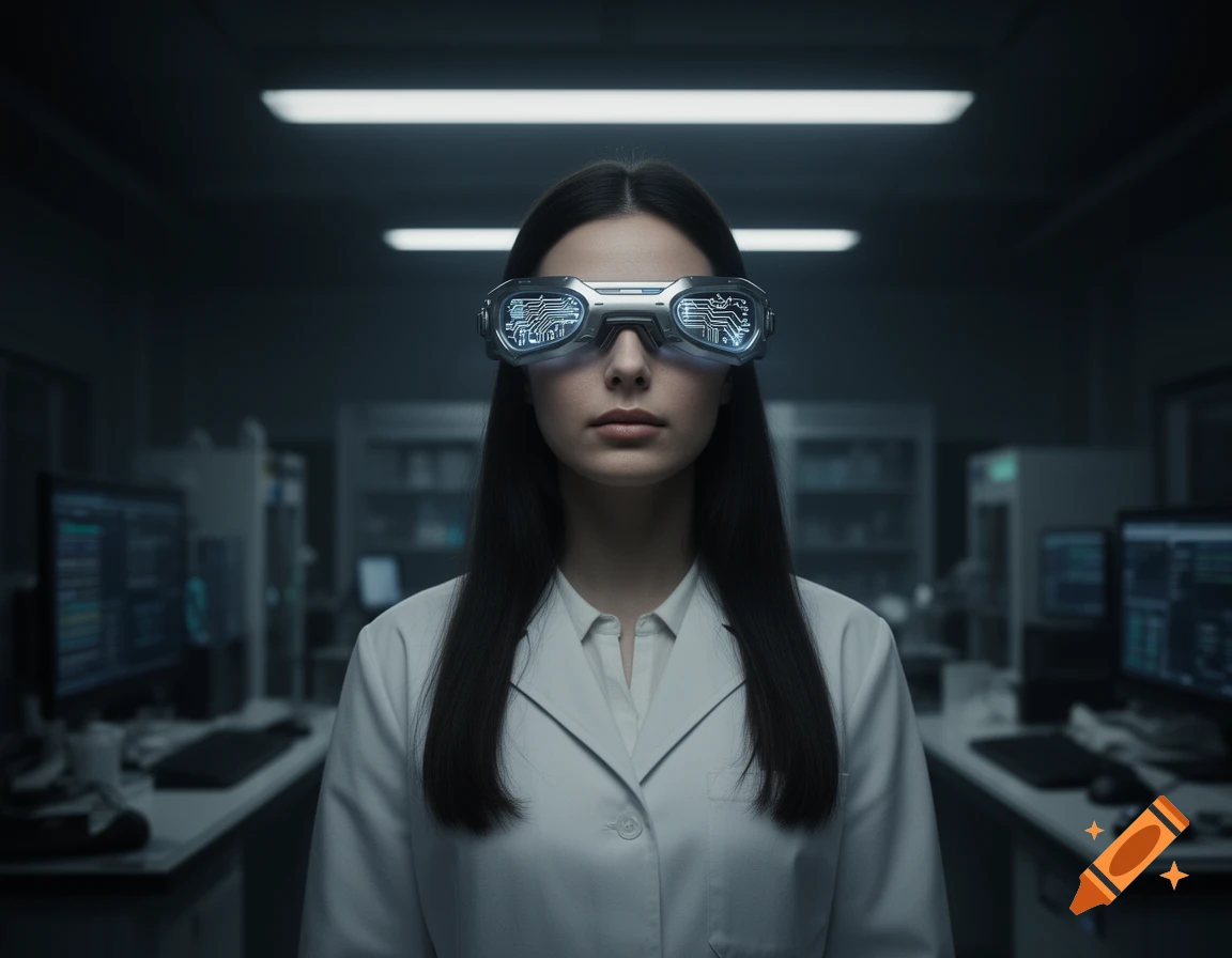 A woman in a white lab coat wears futuristic goggles with glowing circuits, standing in a dimly lit laboratory.