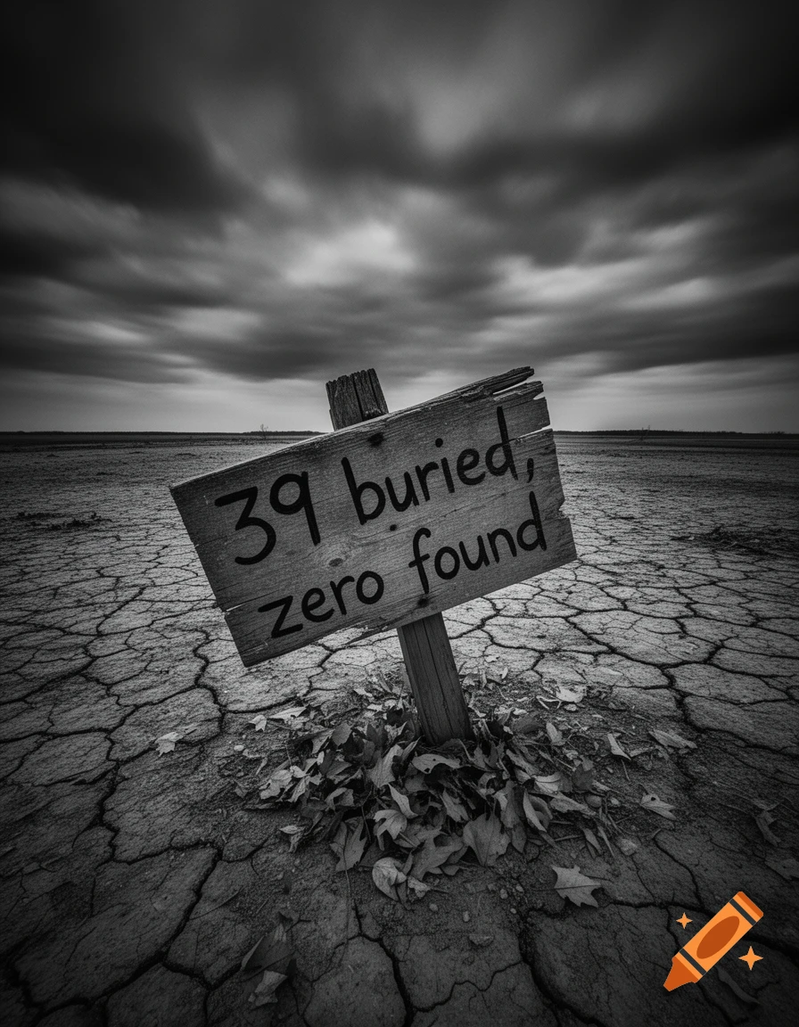 Black and white photo of a wooden sign reading '39 buried, zero found' in a cracked, dry landscape under a stormy sky.