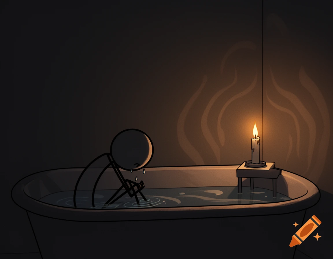 A sad stick figure crying in a dark bathtub, illuminated only by a nearby lit candle.