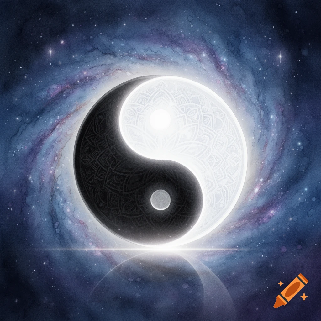 A stylized Yin Yang symbol with intricate patterns, glowing against a swirling galaxy background with stars, and a subtle reflection below.