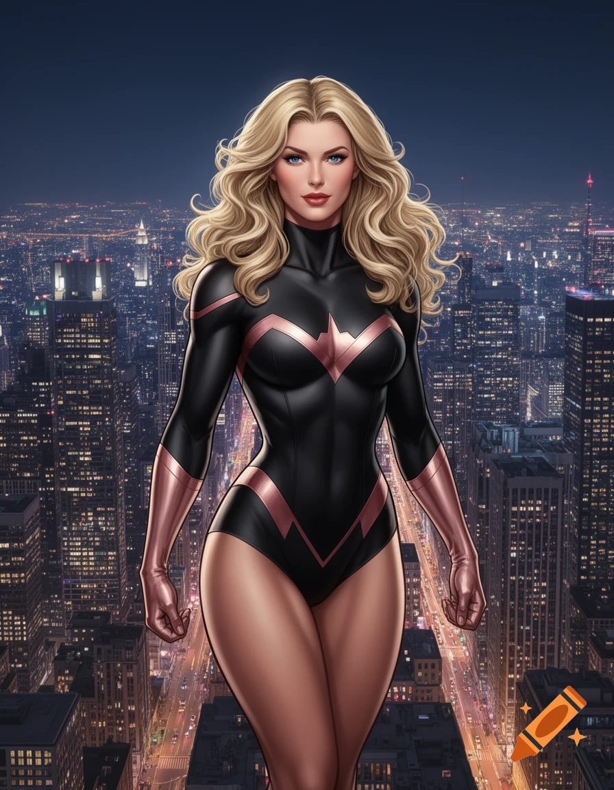 A confident blonde superheroine in a black and rose-gold bodysuit stands over a nighttime cityscape, in a semi-realistic comic art style.