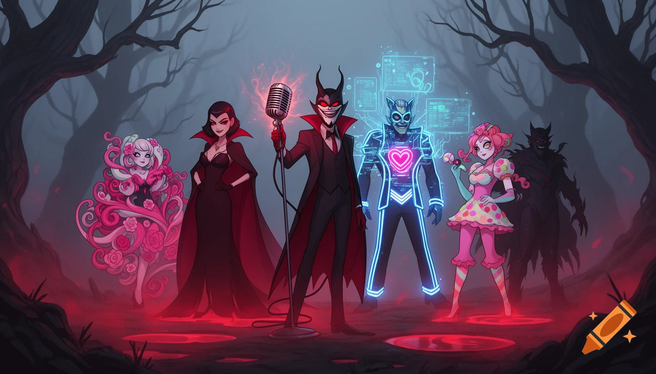A group of six stylized demon-like and vampire characters in an eerie, dark forest with red glowing pools.