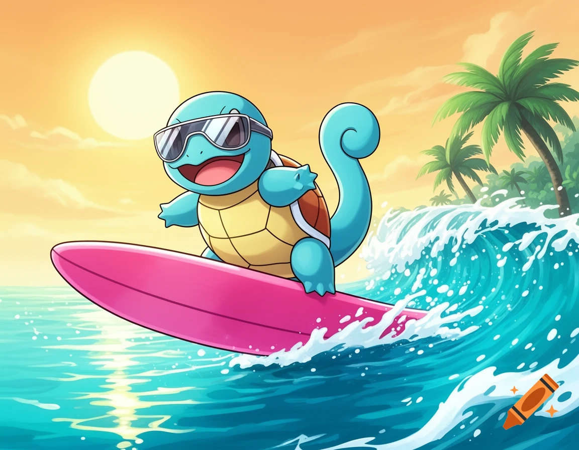 A happy cartoon Squirtle wearing sunglasses surfs a pink surfboard on a bright blue ocean wave, with palm trees and a sunset in the background.