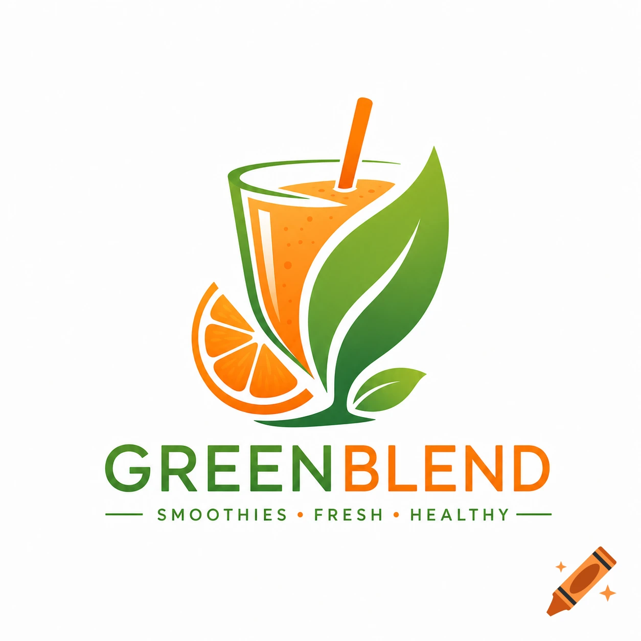 Logo for GreenBlend, featuring an orange smoothie, an orange slice, and green leaves, with text 'SMOOTHIES FRESH HEALTHY'.