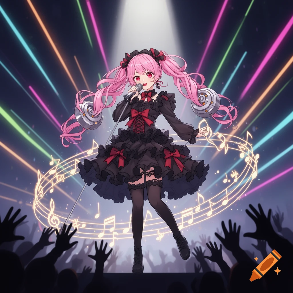 Anime girl with pink pigtails and a black dress sings into a microphone on a stage under colorful lights, surrounded by musical notes and an audience.