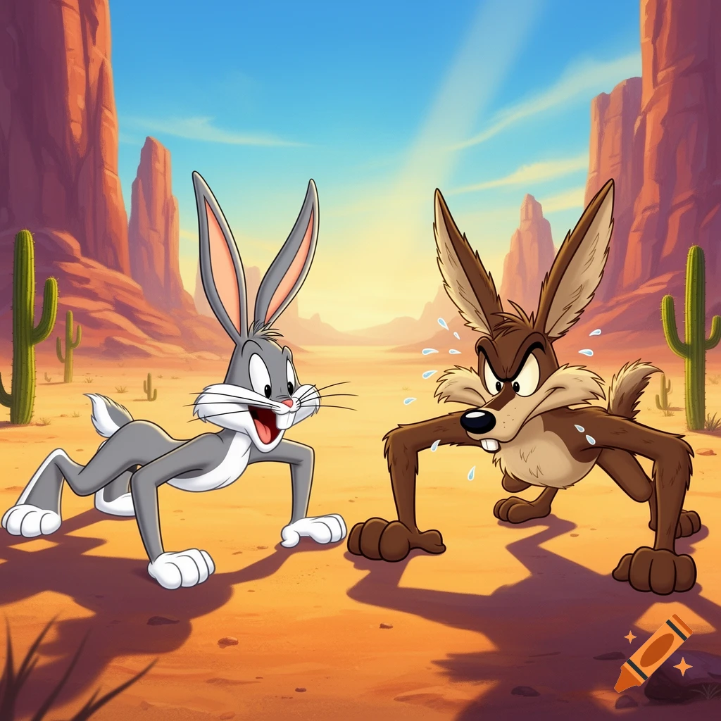 Bugs Bunny and Wile E. Coyote doing push-ups in a cartoon desert landscape with mesas and cacti.