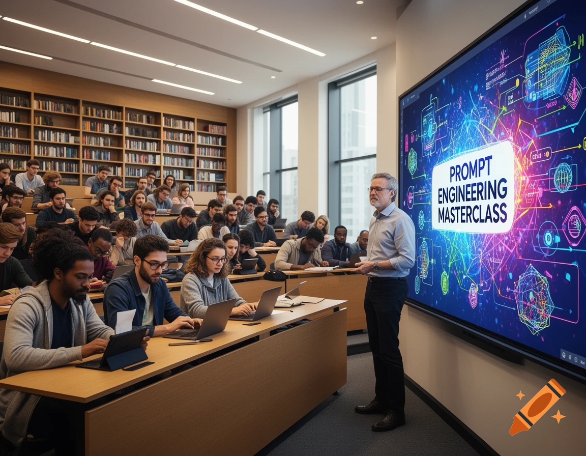 A diverse group of students attend a "Prompt Engineering Masterclass" presented by an instructor on a large screen in a lecture hall. Photorealistic.